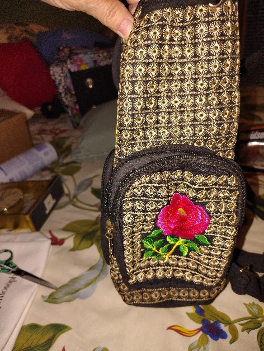 Source Unknown Black Backpack with Bright Pink Floral Embroidery
